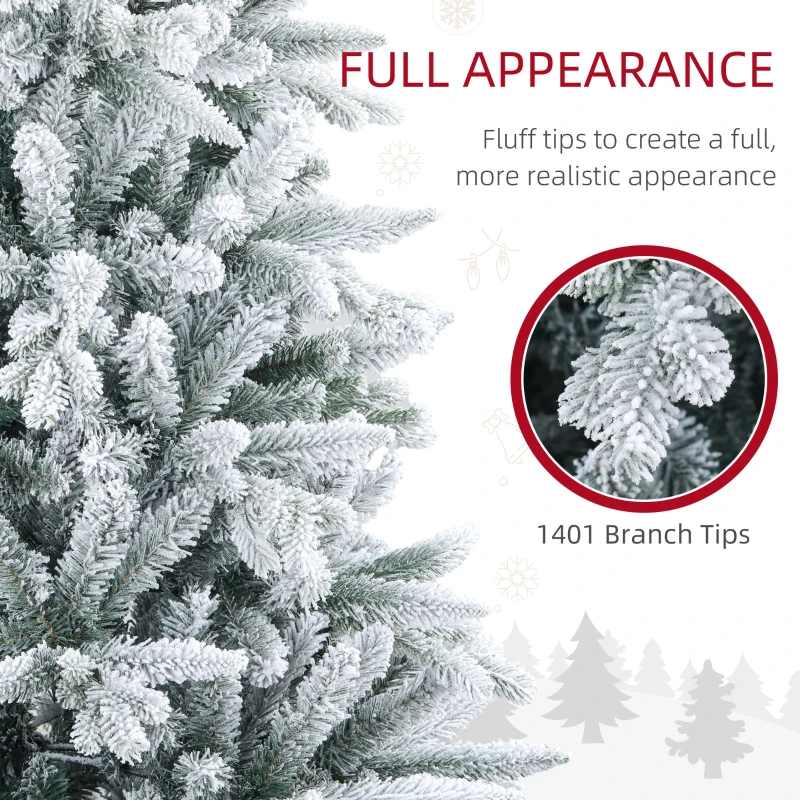 HOMCOM 7ft Artificial Flocked Christmas Tree with Snow Tips, Easy Assembly, Hinged Xmas Tree for Home Office Holiday
