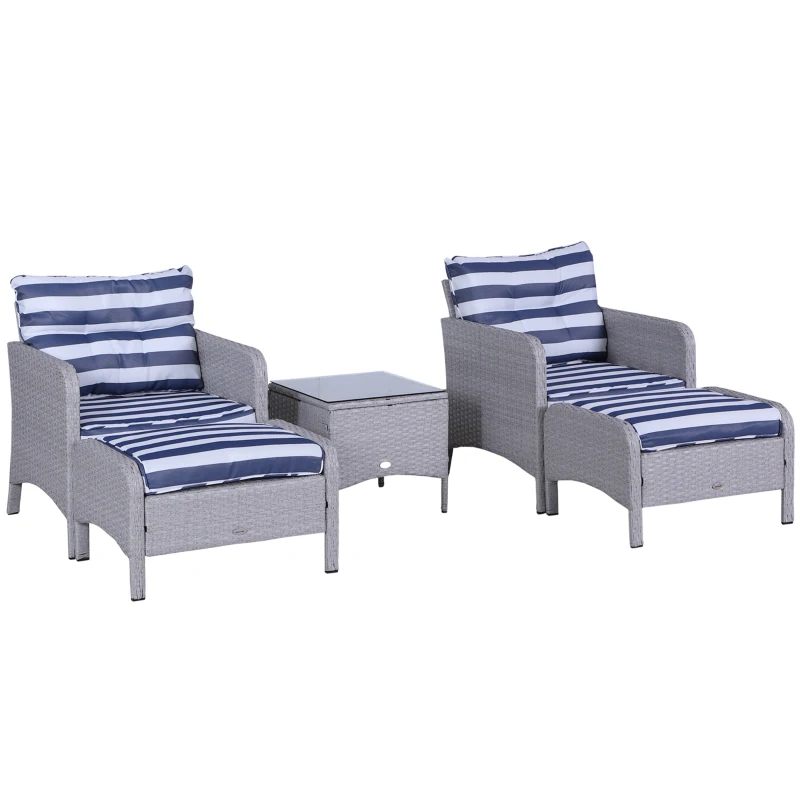 Outsunny 5 Pieces Wicker Patio Furniture Sofa Set Thick Padded Cushions, Outdoor PE Rattan Conversation Coffee Set with Armchairs, Footstools and Glass Top Table, Blue and White