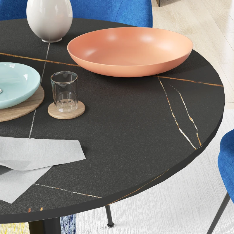 HOMCOM Round Dining Table, Modern Dining Room Table with Faux Marble Top, Steel Base, Space Saving Small Kitchen Table, Black