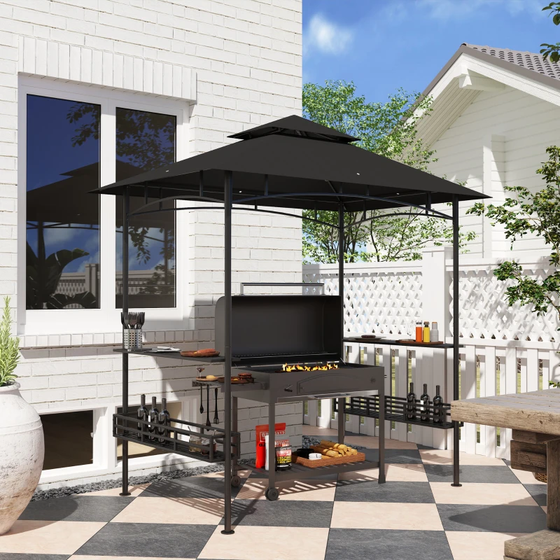 Outsunny 8' x 5' Barbecue Gazebo, 2-Tier BBQ Gazebo with 2 Side Shelves, Storage Basket, Hanging Hooks, Dark Grey