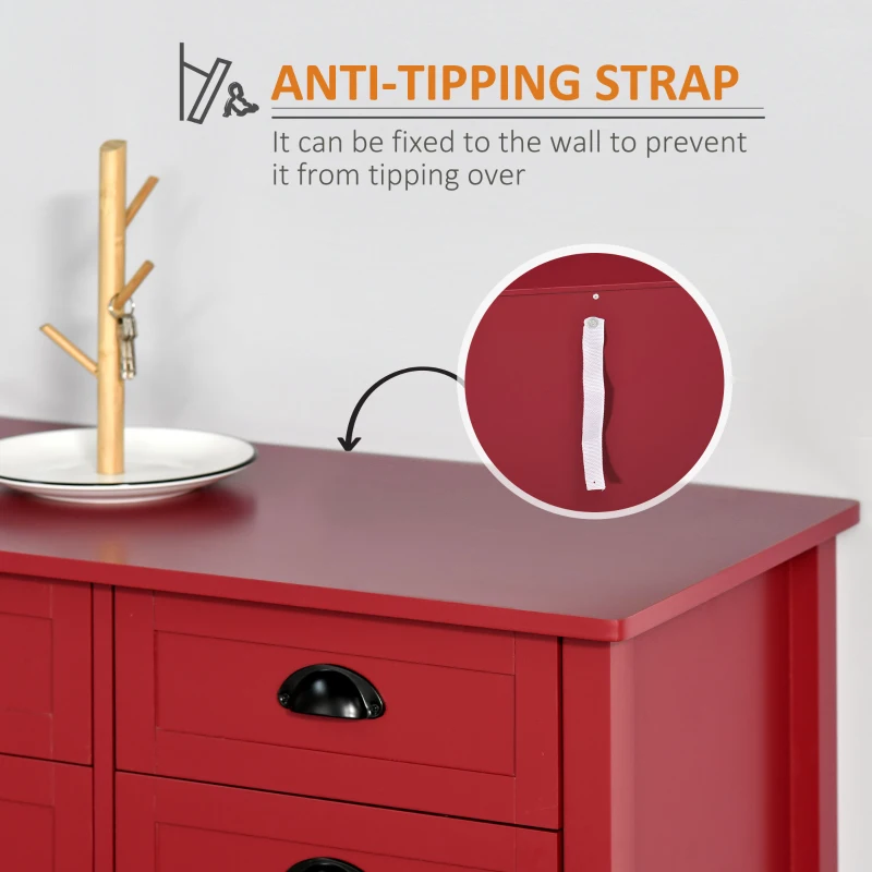 HOMCOM Sideboard Buffet Cabinet with Storage, Modern Coffee Bar Cabinet with 4 Drawers and Slatted Bottom Shelf, Console Table for Kitchen, Living Room, Dining Room, Hallway, Red