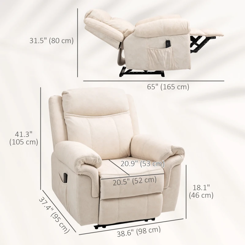 HOMCOM Manual Recliner Chair with Vibration Massage, Side Pockets, Microfibre Reclining Chair for Living Room, Cream White