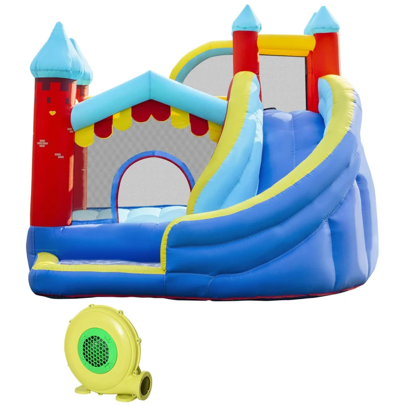 Outsunny 4 in 1 Inflatable Bounce House with Slide, Climbing Wall, and Pool or Ball Pit, Jumping Castle, Four Fun Activities, Water Bounce House for Kids