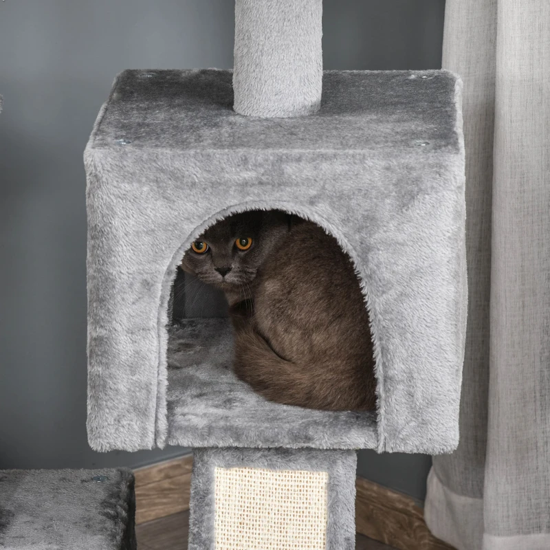 PawHut Cat tree Tower Climbing Kitten Activity Center Furniture with Sisal Scratching Post Pad Hammock Perch Condo Hanging Balls 23.5" x 15.75" x 43.75" Grey