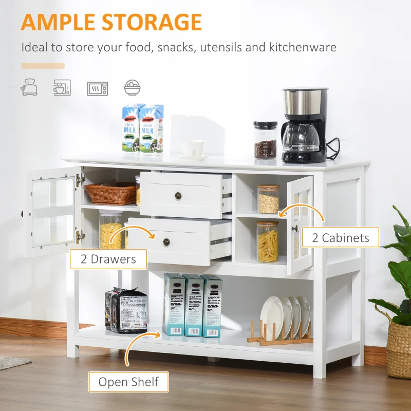 HOMCOM Coffee Bar Cabinet, Kitchen Cabinet with Adjustable Shelves, Glass Doors and 2 Drawers, Sideboard Buffet Cabinet for Living Room, White
