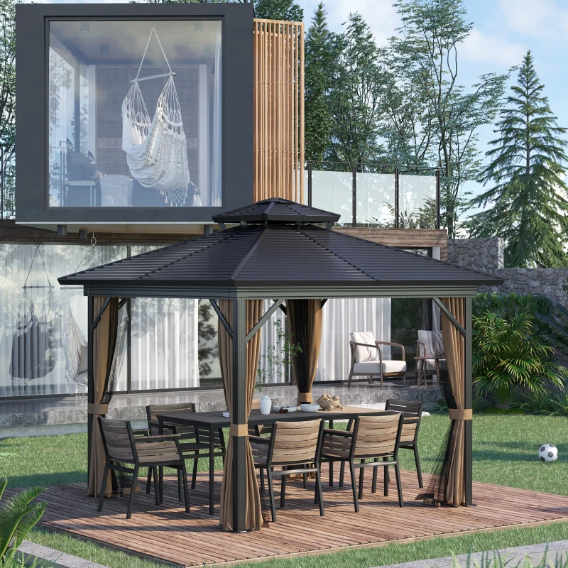 Outsunny 10' x 10' Hardtop Gazebo with Curtains and Netting, Permanent Pavilion Metal Double Roof Gazebo Canopy with Aluminum Frame and Hooks, for Garden, Patio, Backyard, Dark Brown