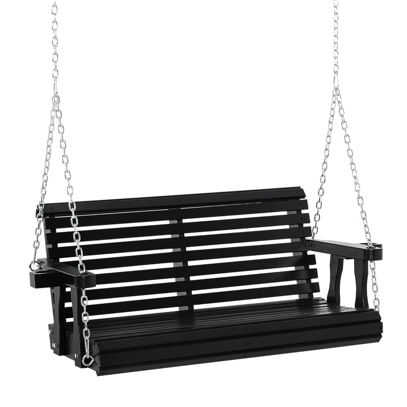 Outsunny 2 Seater Porch Swing Wooden Patio Swing Chair Seat with Cup Holder and Chains Outdoor Swing Bench for Garden Yard, Black