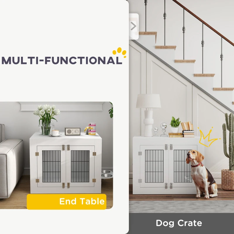 PawHut Dog Crate Furniture with 360° Rotatable Removable Dog Bowls, Dog Kennel Furniture for Medium Dogs, White