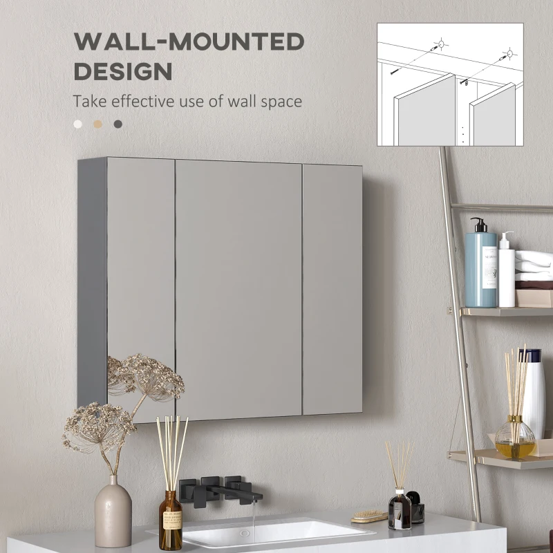 kleankin 28" x 24" Wall Mounted Mirror Cabinet, Bathroom Medicine Cabinet with Mirror, 3 Doors and Adjustable Shelves, Grey
