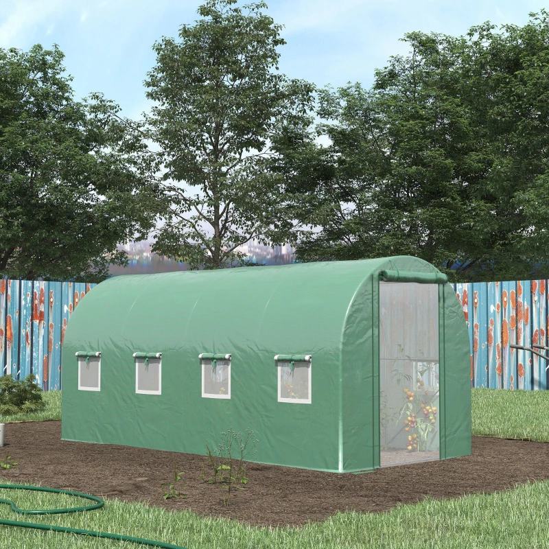 Outsunny 14.6' x 6.6' x 6.6' Walk-in Tunnel Hoop Greenhouse with Mesh Door & 8 Windows, Large Green House for Outside for Plants, Flowers, Vegetables, Galvanized Steel Frame & PE Cover, Green