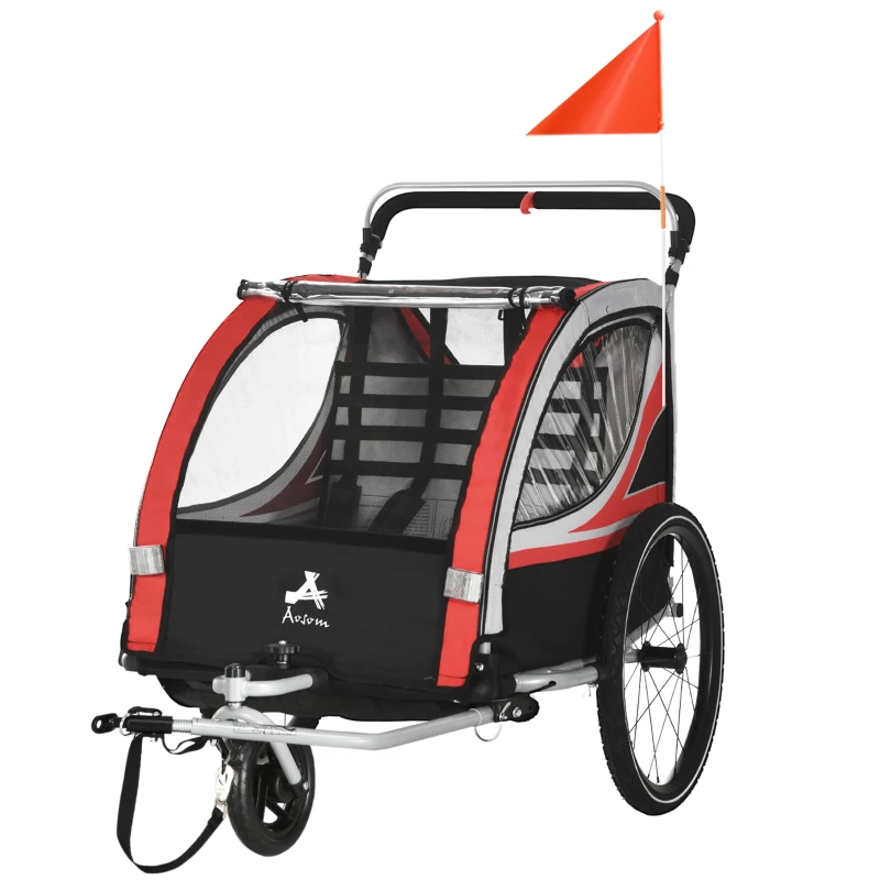 Aosom 2-in-1 Walk/Ride Child Baby Bike Trailer for Kids 2 Seater, High-Visibility Bike Stroller for Toddler Wagon, Weather-Strong Double Bicycle Trailer Accessory for Kids, Red