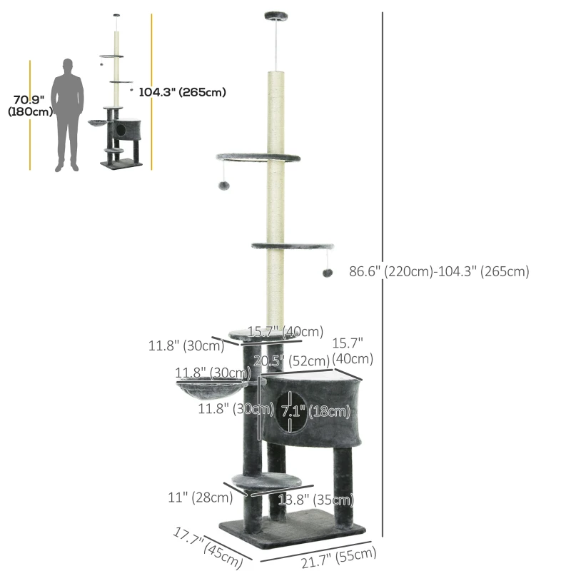 PawHut 104.25" Cat Tree Stand House Hammock Pet Furniture Kitten Activity Tower Kitty Play House 5-Tier - Dark Grey