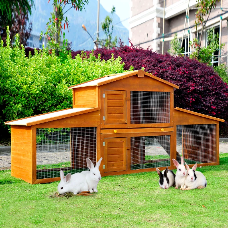 PawHut 2-Story Wooden Rabbit Hutch Backyard Bunny Cage Small Animal  House with Outdoor Run