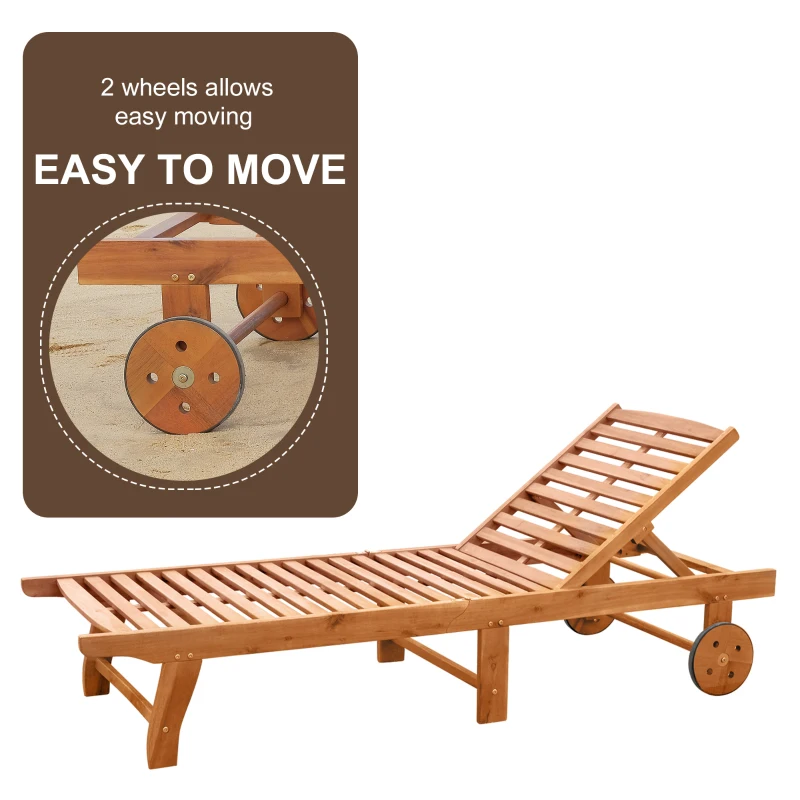 Outsunny Outdoor Patio Lounger with 4-Level Adjustable Backrest, Acacia Wood Sun Lounger, Foldable Chaise Longue with Wheels for Lawn, Poolside, Backyard, Deck, Teak