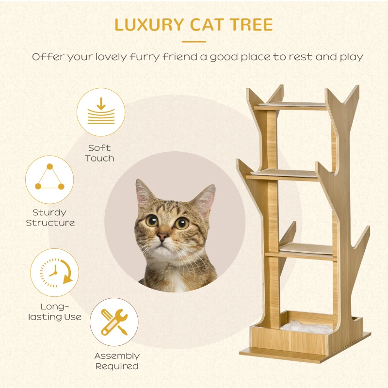 PawHut 4-level Platform Cat Tree with Resting House, Activity Center for kittens, Cat Tower Furniture with Cushion, Oak