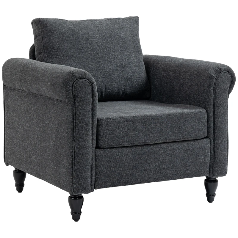 HOMCOM Vintage Armchair, Upholstered Accent Chair with Rolled Arms, Gourd-Shaped Rubber Wood Legs, Dark Grey