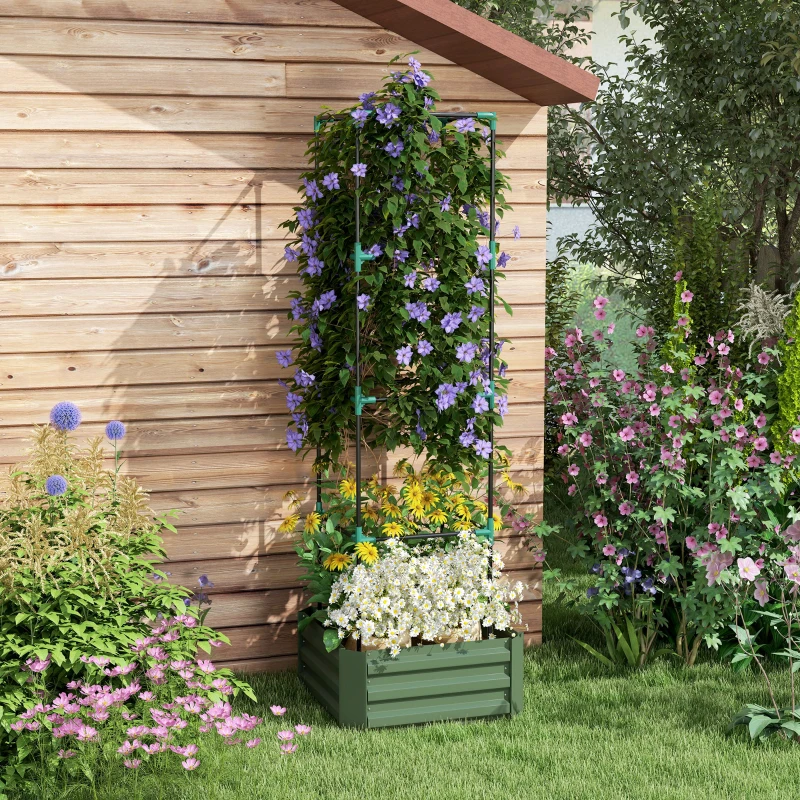 Outsunny Galvanized Planter Box, 24" x 24" x 73.5" Raised Garden Bed with Tomato Cage for Climbing Vines, Green