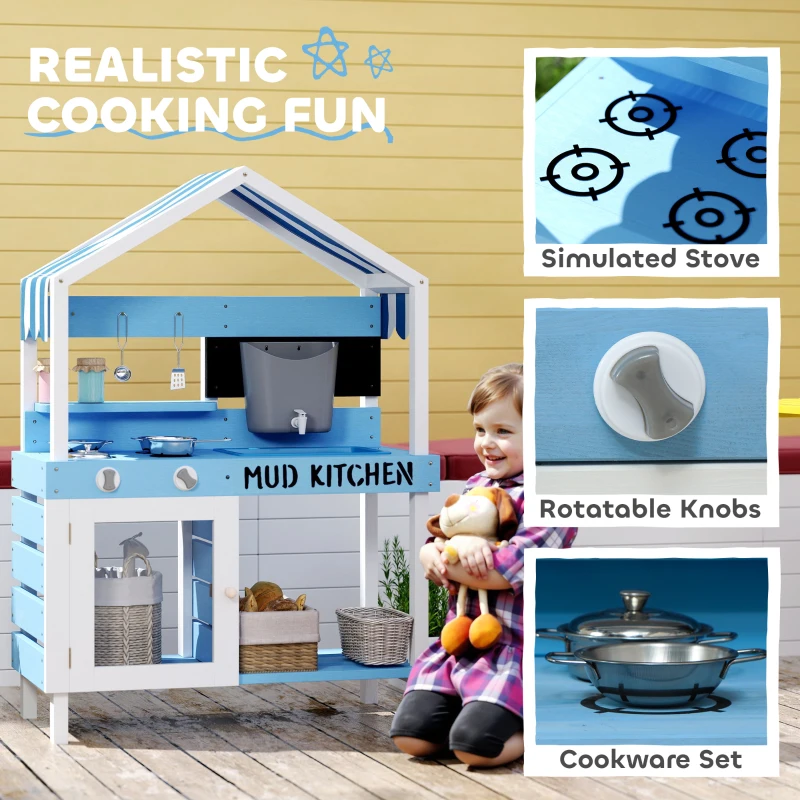 Qaba Wooden Mud Kitchen for Kids Outdoor with Sink, Faucet, Water Tank, Storage Shelves, Accessories for Boys and Girls, Blue