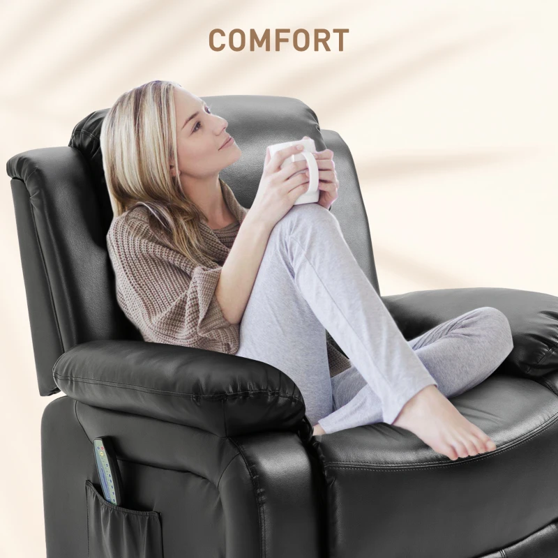 HOMCOM PU Leather Massage Recliner Chair, Swivel Rocker Sofa with Remote Control, Footrest, Padded Seat, Manual Reclining Chair for Living Room, Bedroom, Black