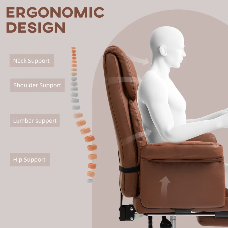 HOMCOM Executive Office Chair with Footrest and Lumbar Support, PU Leather Desk Chair, Ergonomic, Reclining and Swivel, Brown