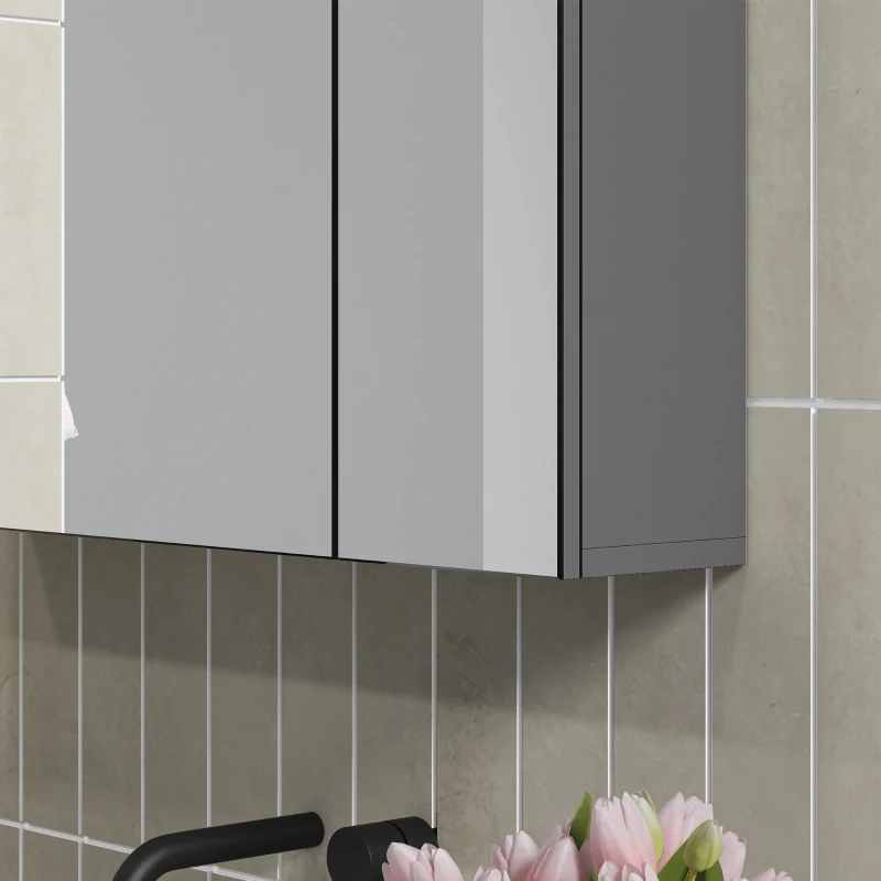kleankin 28" x 24" Wall Mounted Mirror Cabinet, Bathroom Medicine Cabinet with Mirror, 3 Doors and Adjustable Shelves, Grey