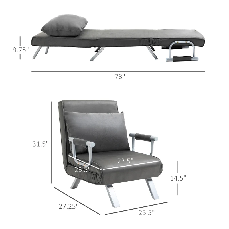 HOMCOM Single Person Folding 5 Position Convertible Sofa Bed Sleeper Chair Chaise Lounge Couch w/Pillow & Steel Frame, Dark Grey