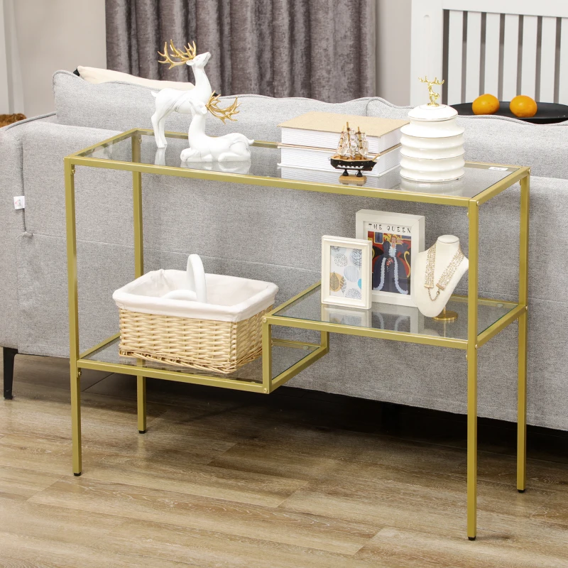 HOMCOM Gold Console Table, 39" Tempered Glass Behind Sofa Table, Narrow Entryway Table with Storage Shelves, Steel Frame for Living Room Furniture, Hallway Furniture, Glass Table