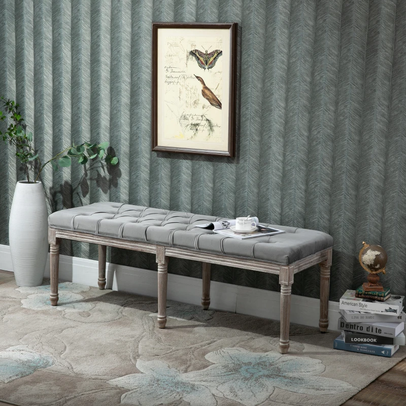 HOMCOM Bedroom End of Bed Bench, 56" Upholstered Entryway Bench with Button Tufted, Thick Padding and Wood Legs, French Vintage Style Linen-Feel Ottoman Bench for Hallway, Living Room, Gray