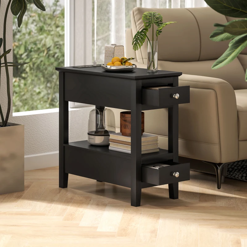HOMCOM Narrow Side Table with Charging Station, USB Ports, Modern End Table with Storage Shelf, Drawers for Living Room, Black