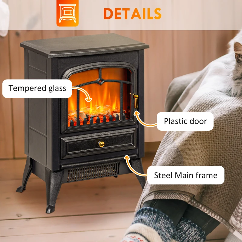 HOMCOM Fireplace Stove, Electric Fireplace Heater with Realistic LED Flames and Logs, 725W/1450W, Black
