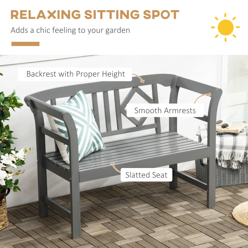 Outsunny Outdoor Wooden Bench, Patio Loveseat Chair with Stylish Pattern Backrest and Armrests for Yard, Lawn, Porch, Dark Gray