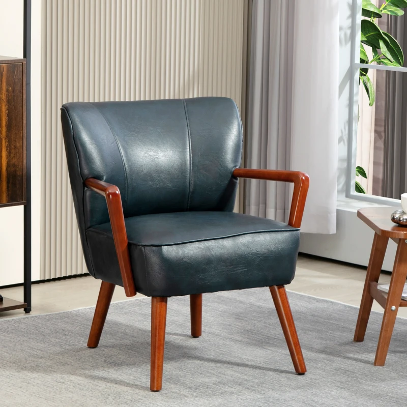 HOMCOM Accent Chair, Modern Armchair, Faux Leather Upholstered Living Room Chair with Wood Legs and Wide Padded Seat, Blue