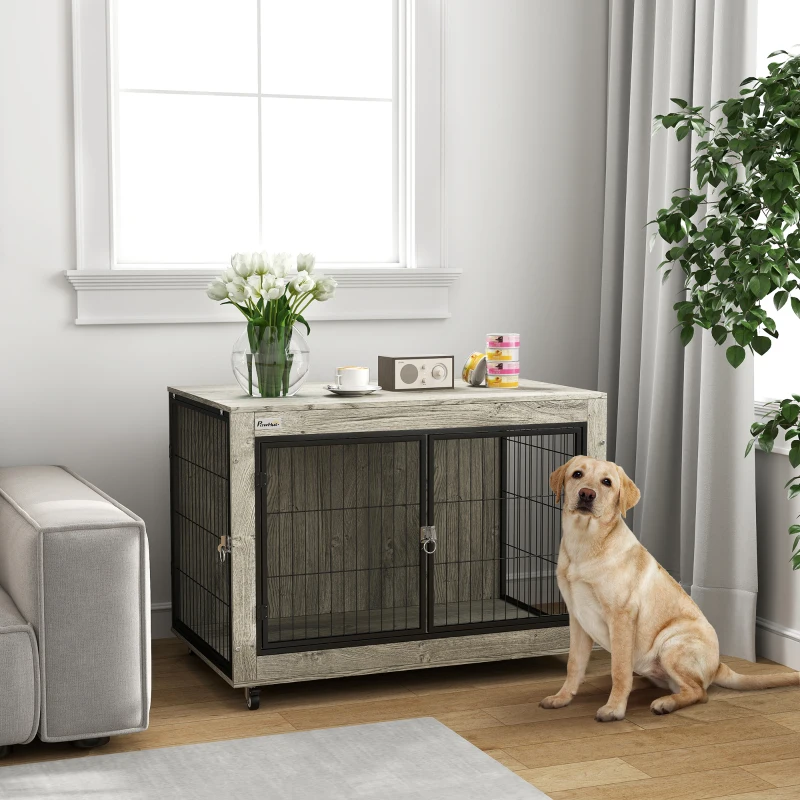 PawHut 39" Dog Crate Furniture End Side Table with Wheels, Interchangeable Side Door, for Large Dogs, Gray