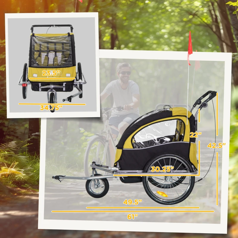 Aosom Elite 360 Swivel Bike Trailer for Kids Double Child Two-Wheel Bicycle Cargo Trailer With 2 Security Harnesses, Yellow