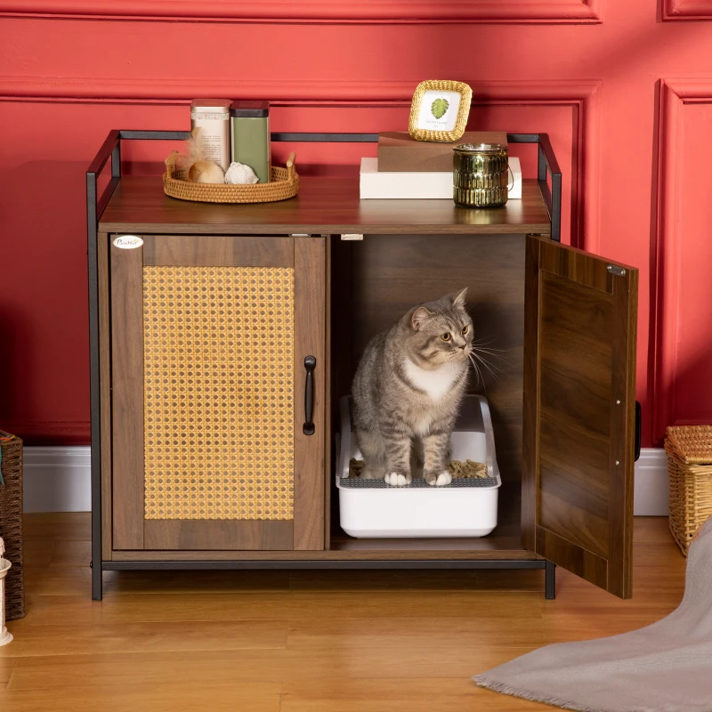 PawHut Shelved Hidden Litter Box Enclosure with Spacious Top and Interior, Large Cat Litter House End Table for Indoor Cats with Hidden Storage Cabinet Space