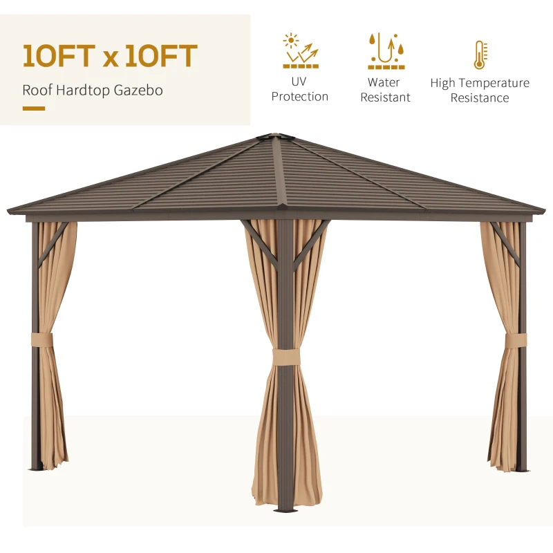 Outsunny 10' x 10' Hardtop Gazebo with Curtains and Netting, Permanent Pavilion Metal Single Roof Gazebo Canopy with Aluminum Frame and Hooks, for Garden, Patio, Backyard, Light Brown