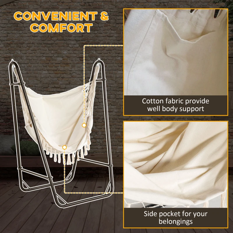 Outsunny Hammock Chair with U Shape Stand, Hammock Swing Chair with A Side Pocket, Brown & Cream White