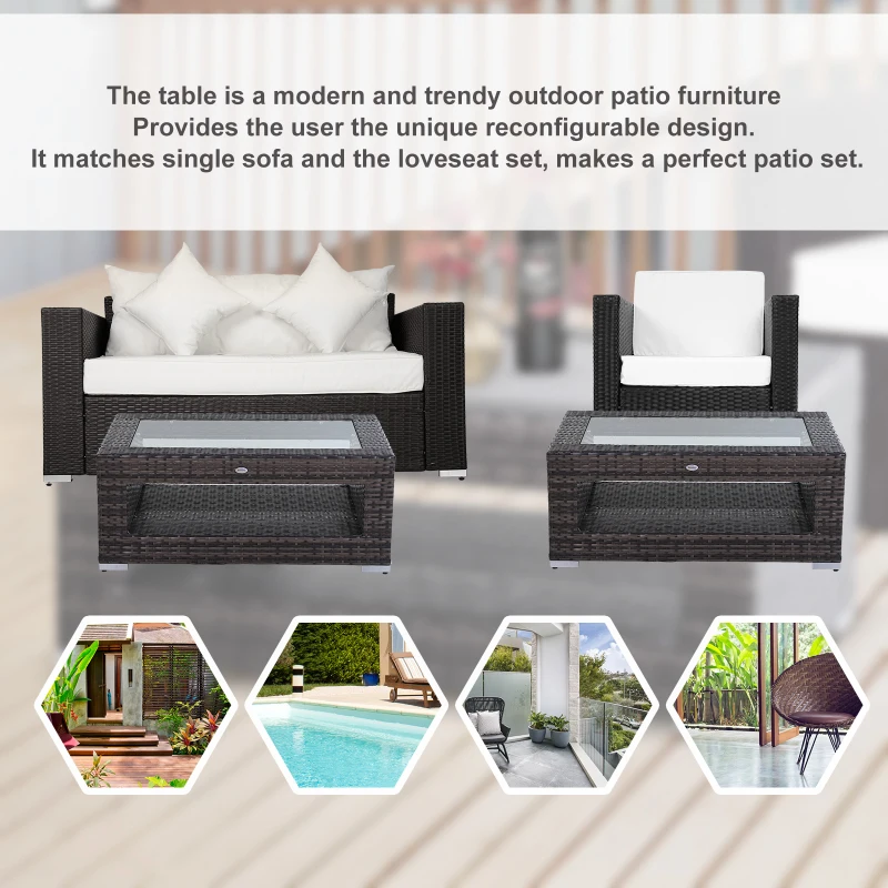 Outsunny 2-Tier Rattan Patio Coffee Table Outdoor Side Table PE Wicker Patio Garden Tea End Desk with Tempered Glass Top & Storage for Balcony, Backyard, Poolside