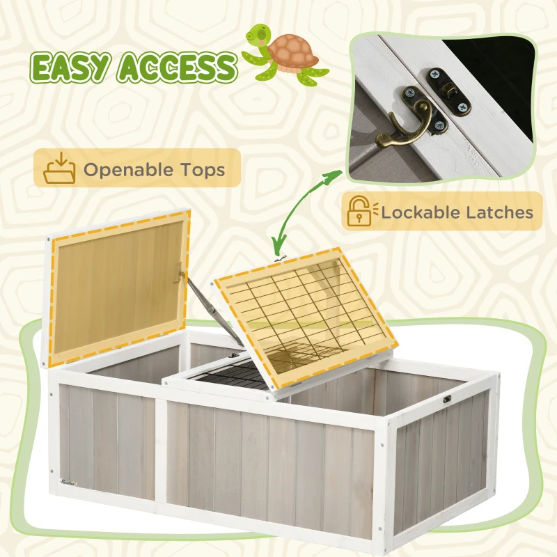 PawHut Wooden Tortoise Habitat with Openable Top, Run Cage, Two Rooms, Grey