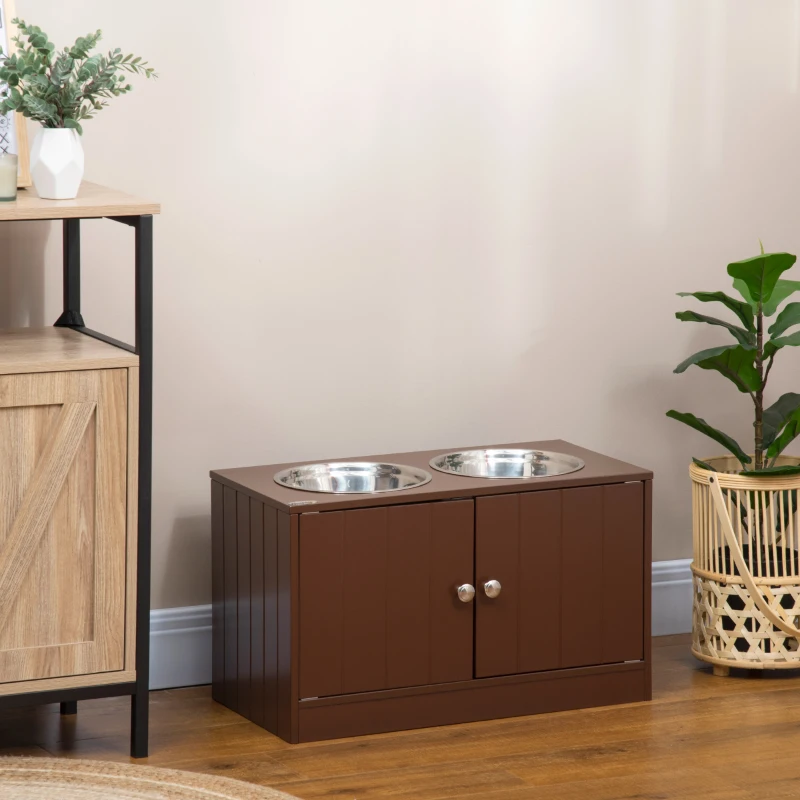 PawHut Elevated Dog Bowls with Storage Cabinet, Raised Dog Bowl Stand Pet Food Bowl Dog Feeding Station, Brown