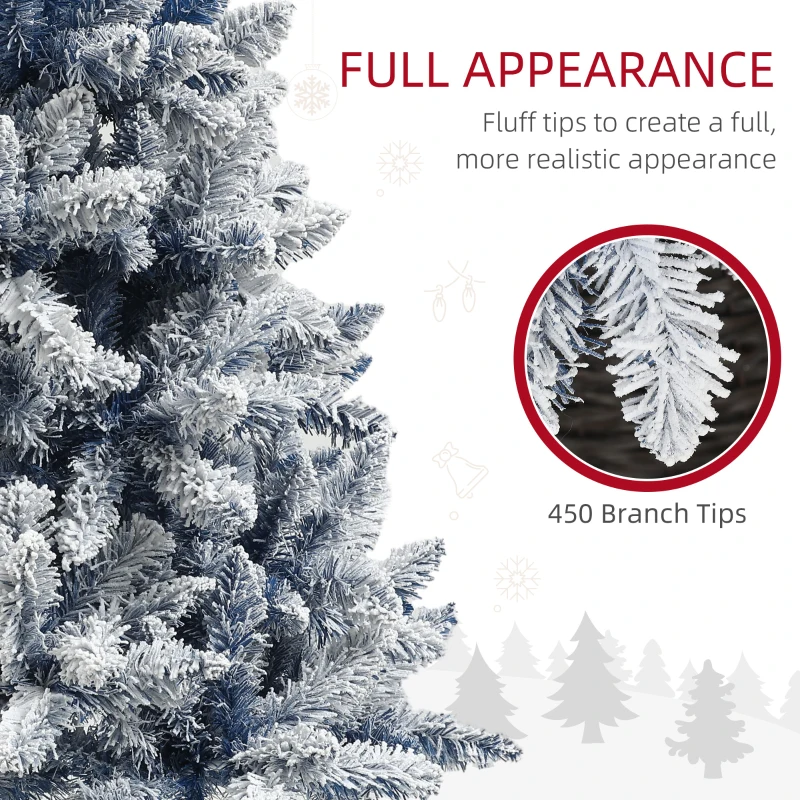 HOMCOM 5ft Flocked Blue Christmas Tree, Artificial Christmas Tree with Hinged Design, Faux Snow, for Home Office Holiday Xmas