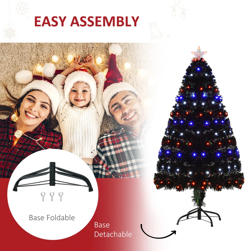 HOMCOM 4ft Prelit Artificial Christmas Tree with LED Lights, Multicolored Fiber Optics and Realistic Branch Tips, Black