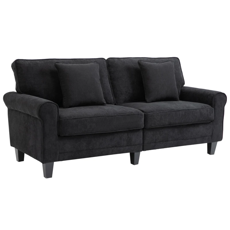 HOMCOM Modern 3-Seater Sofa 78" Thick Padded Comfy Couch with 2 Pillows, Corduroy Fabric Upholstery, Pine Wood Legs and Rounded Arms for Living Room, Black