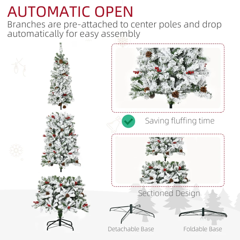 HOMCOM 7.5 Foot Pencil Snow Flocked Artificial Christmas Tree with 950 Pine Realistic Branches, Pine Cones, Red Berries, Auto Open, Green