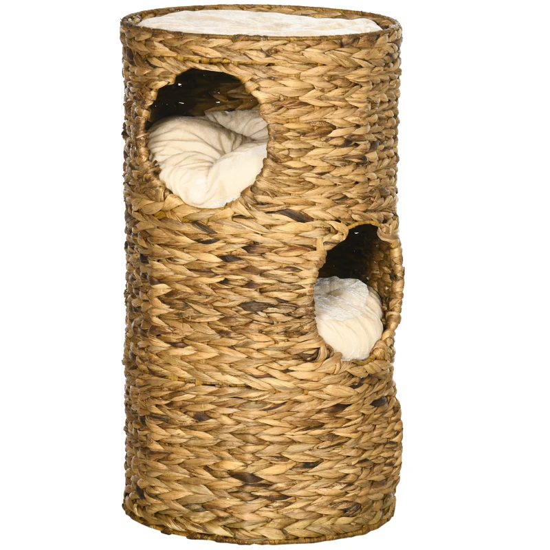 PawHut Elevated Cat Bed with Three Hideaways & Four Soft Plush Cushions, Cat Tower with Hand-Woven Materials, Multi-Layer Raised Kitten Bed Caves