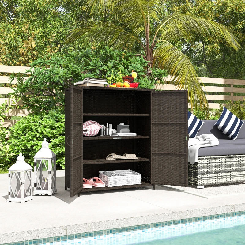Outsunny Rattan Wicker Outdoor Storage Cabinet with 4 Shelves and 2 Doors for Garden Pool Towel Storage, Coffee