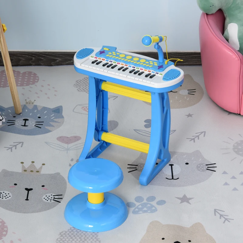 Qaba 31-Key Kids Toy Keyboard Piano, Electronic Musical Instrument with Multiple Sounds, Stool, Microphone and Bright Flashing Lights, Blue
