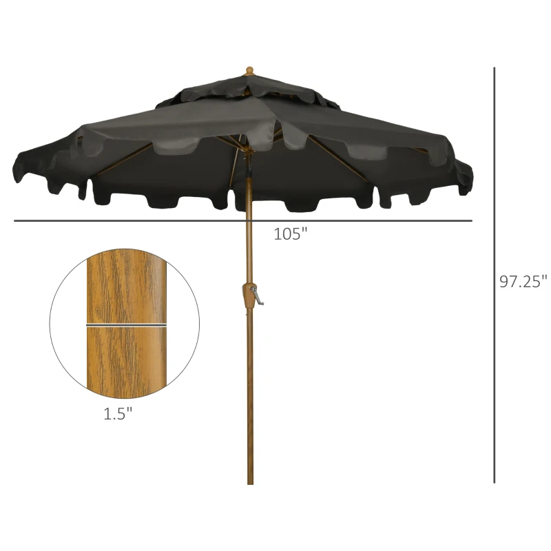Outsunny 9' Patio Umbrella with Push Button Tilt and Crank, Double Top Ruffled Outdoor Market Table Umbrella with 8 Ribs, for Garden, Deck, Pool, Gray