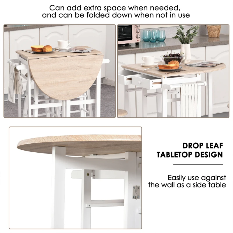 HOMCOM Kitchen Trolley 3 Piece Kitchen Cart Set Drop Leaf Breakfast Table and 2 Stools w/ Rolling Wheels & Towel Bars, Wood & White