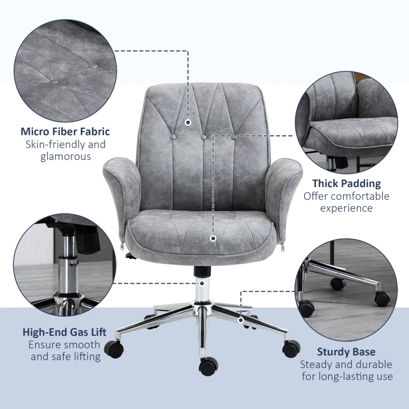 Vinsetto Microfiber Home Office Chair, Height Adjustable Button Tufted Computer Desk Chair with Swivel Wheels, Tilt Function and Padded Armrests, Light Gray